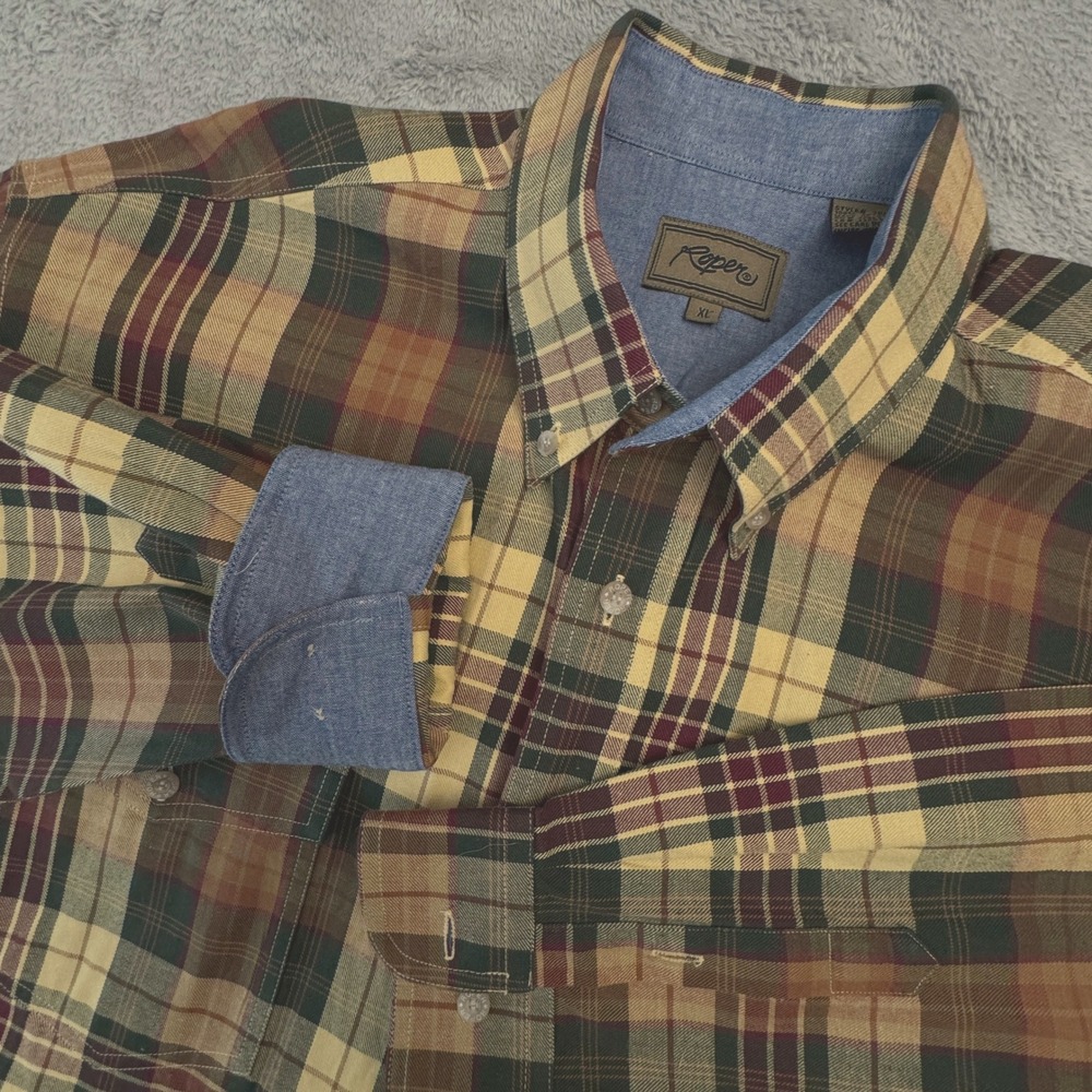 Roper Plaid Long Sleeve Men's Shirt Size XL Flip Cuffs Button Front 100% Cotton